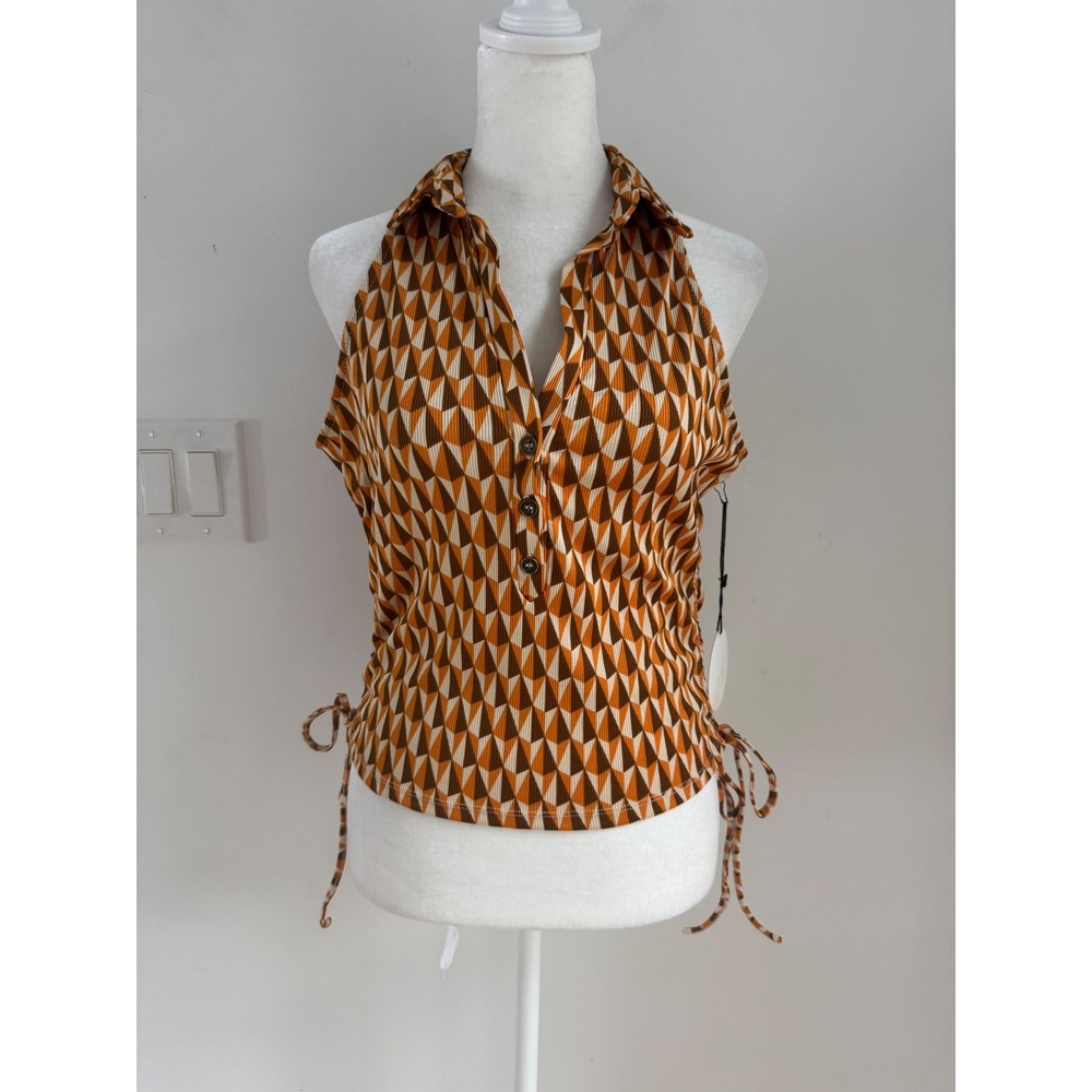 Milk & Honey Geometric Ribbed Halter Top Orange Brown Retro Side Tie Large NEW